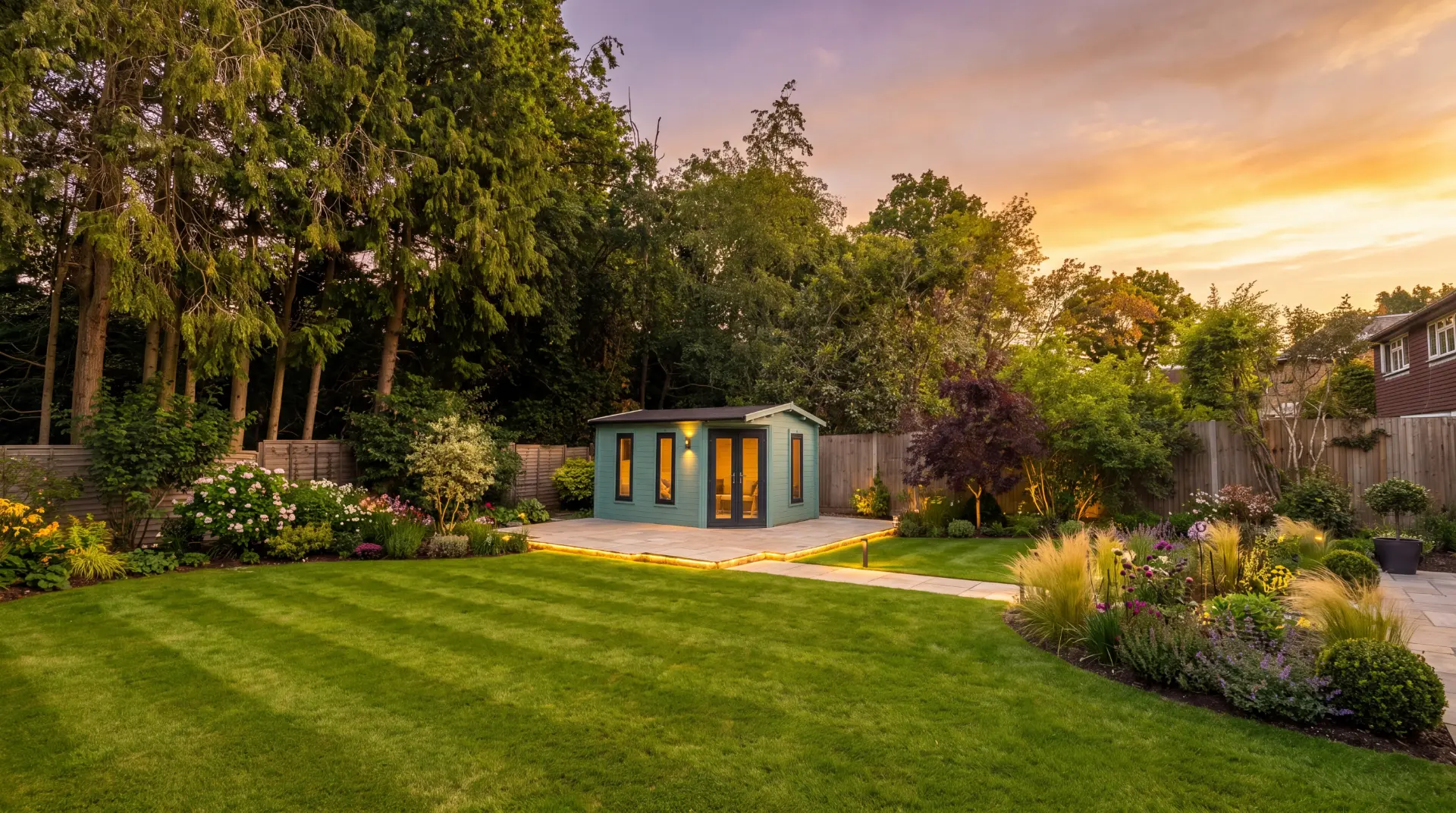 Garden room and porcelain patio at sunset in a landscaped Surrey garden, with lawn, planting borders and soft lighting