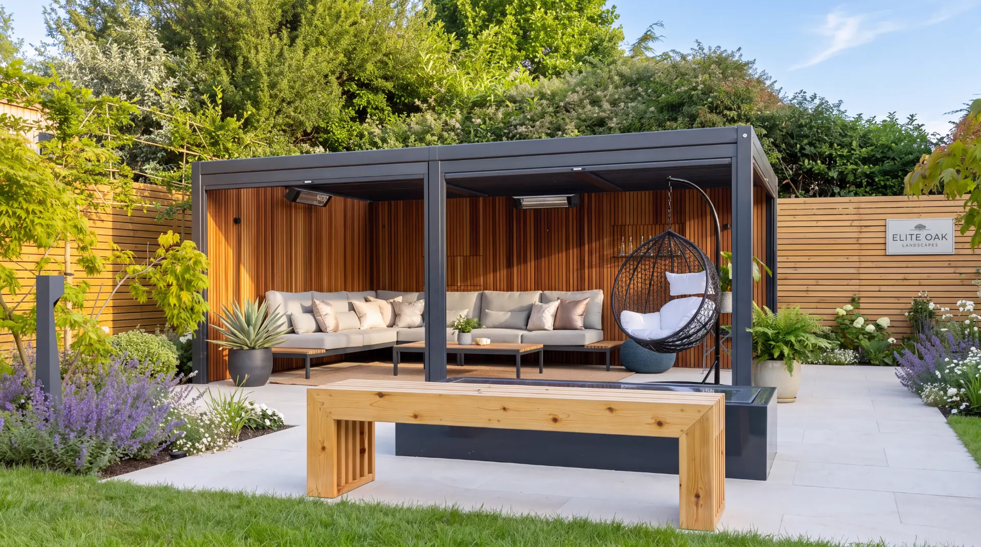 Contemporary garden pergola with outdoor seating, wooden bench and porcelain patio in a landscaped Surrey garden
